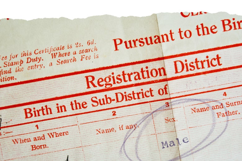 A gender marker circled on a birth certificate